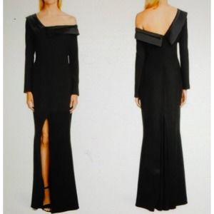 NEW ZAC POSEN BLACK SUSAN ONE SHOULDER LONG SLEEVE EVENING SLIT GOWN SIZE 2